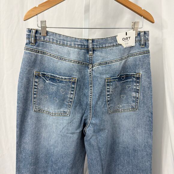 Oat New York High Rise Wide Leg Jeans Womens Size 10 30 Embellished Hearts Blue - Picture 10 of 11